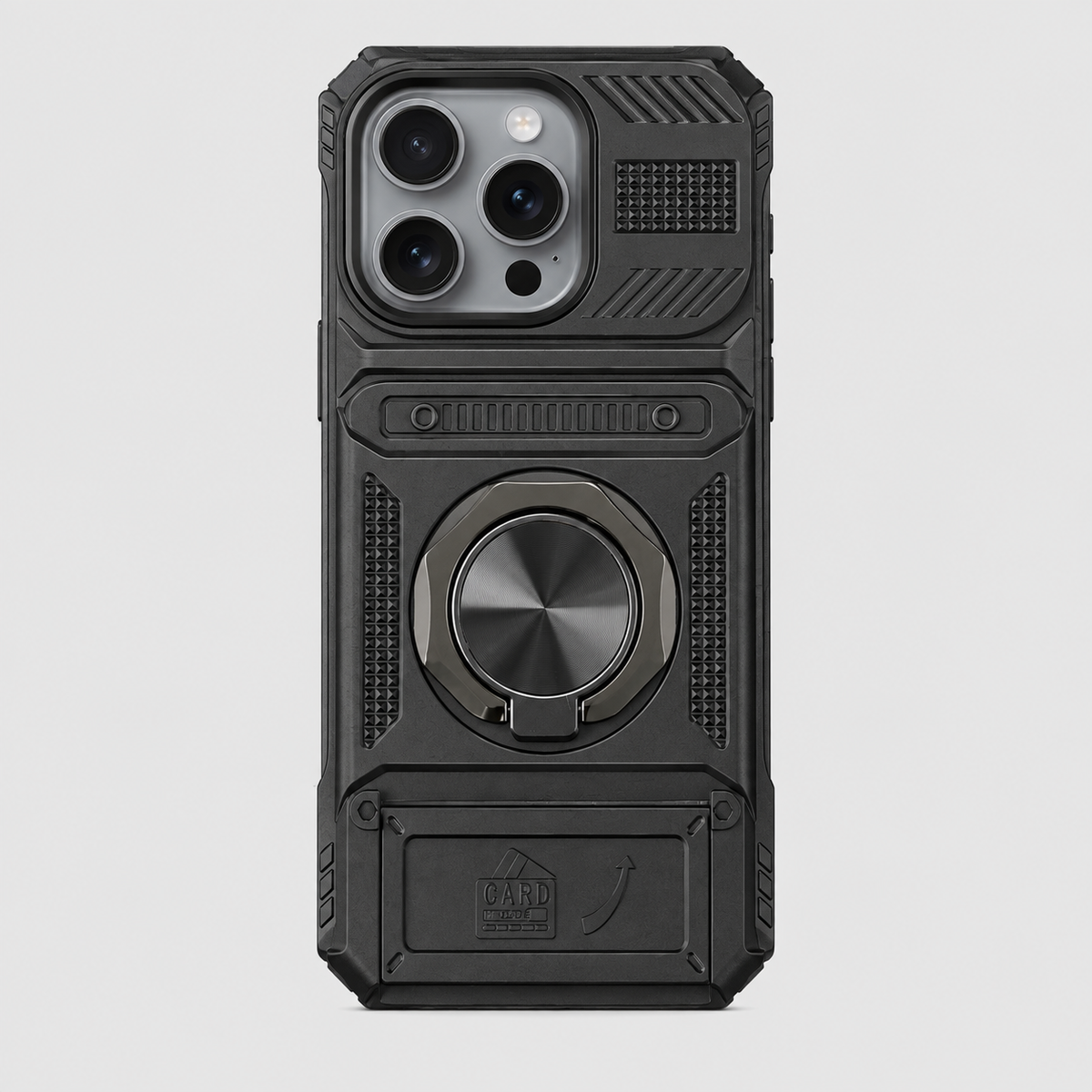 Shock-Resistant Heavy-Duty iPhone Case with Metal Ring Holder & Hidden Dual Card Slot