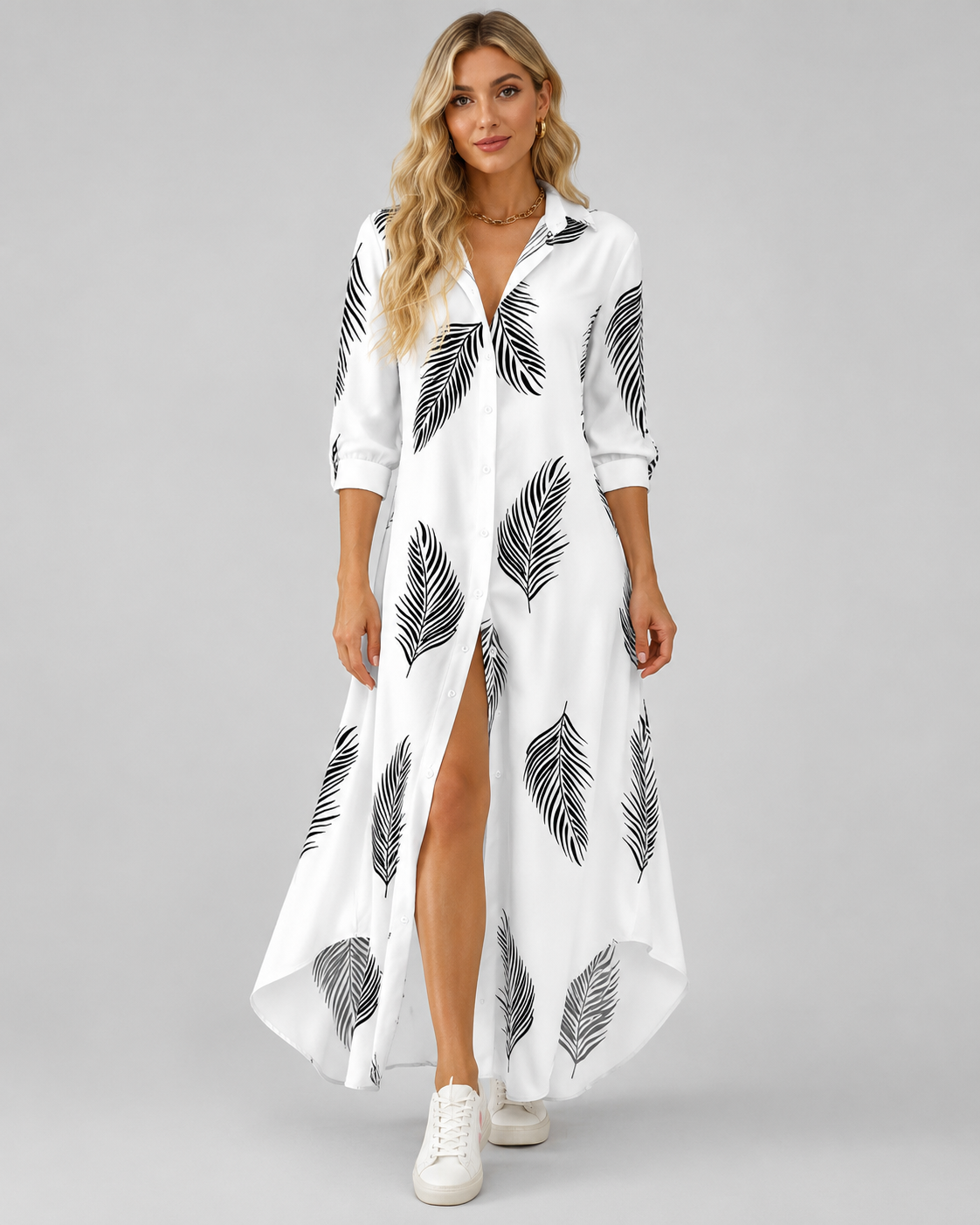 Boho Printed Elegant Long Sleeve Casual Split Shirt Evening Maxi Dress
