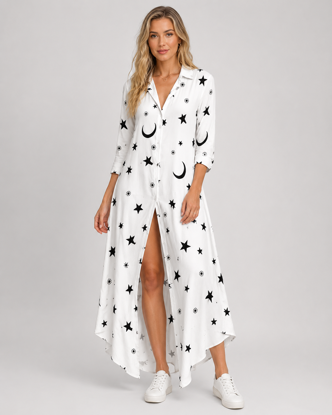 Boho Printed Elegant Long Sleeve Casual Split Shirt Evening Maxi Dress