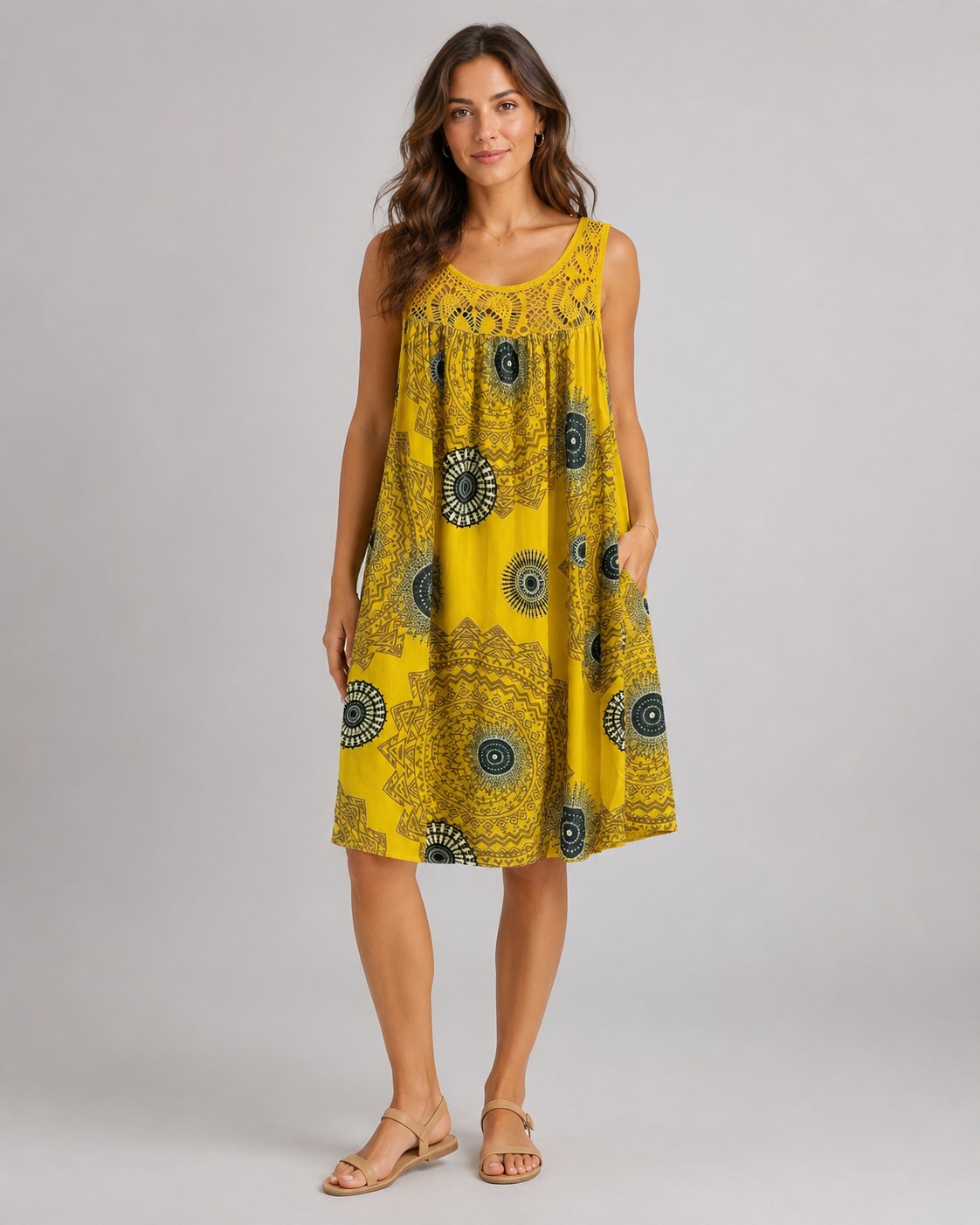 Elegant Geometric Lace Hem A-Line Dress