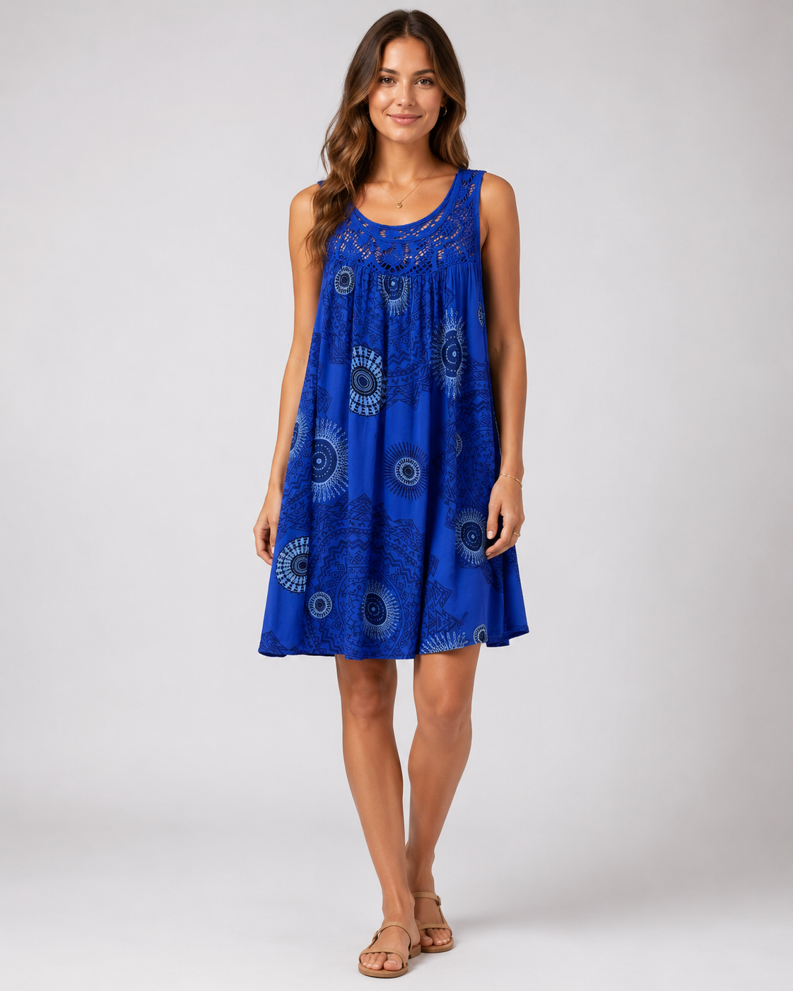 Elegant Geometric Lace Hem A-Line Dress