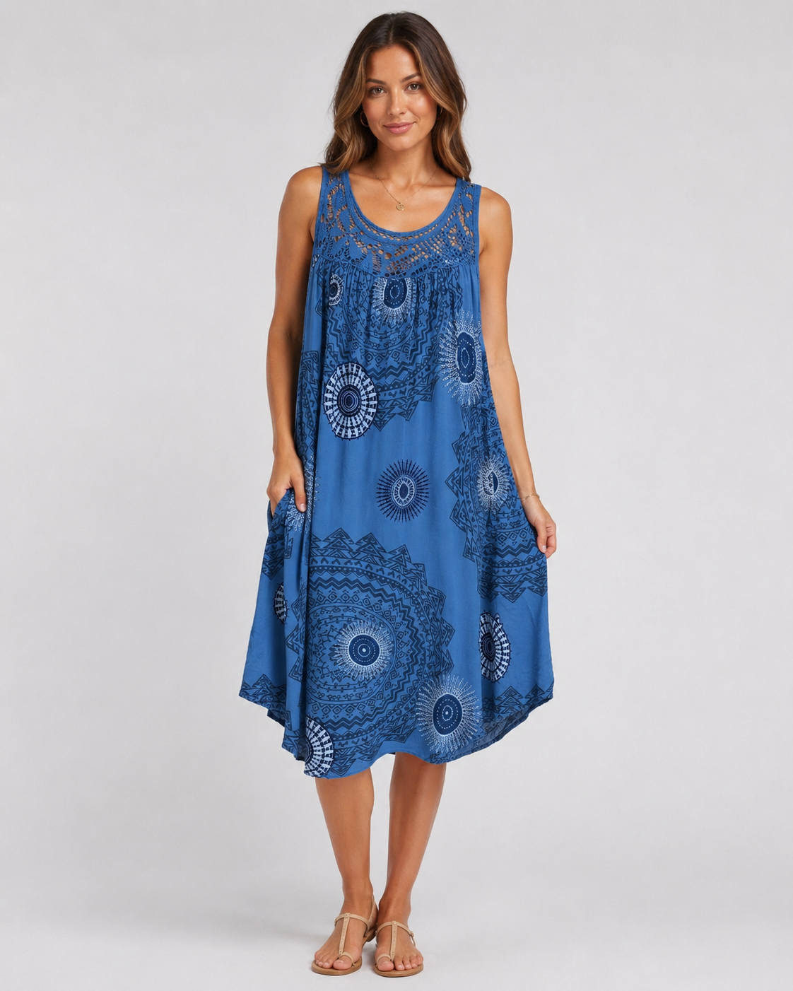 Elegant Geometric Lace Hem A-Line Dress