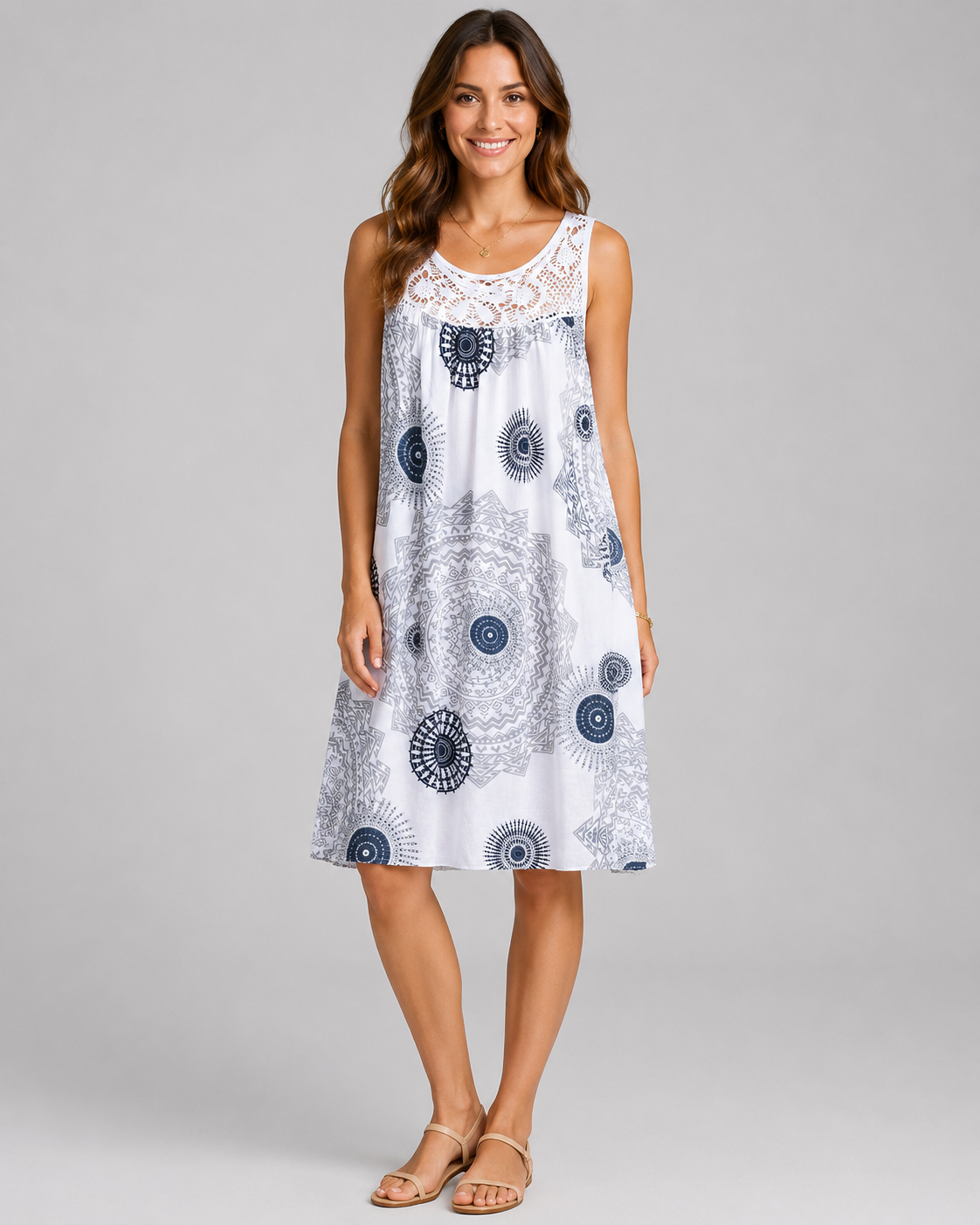 Elegant Geometric Lace Hem A-Line Dress