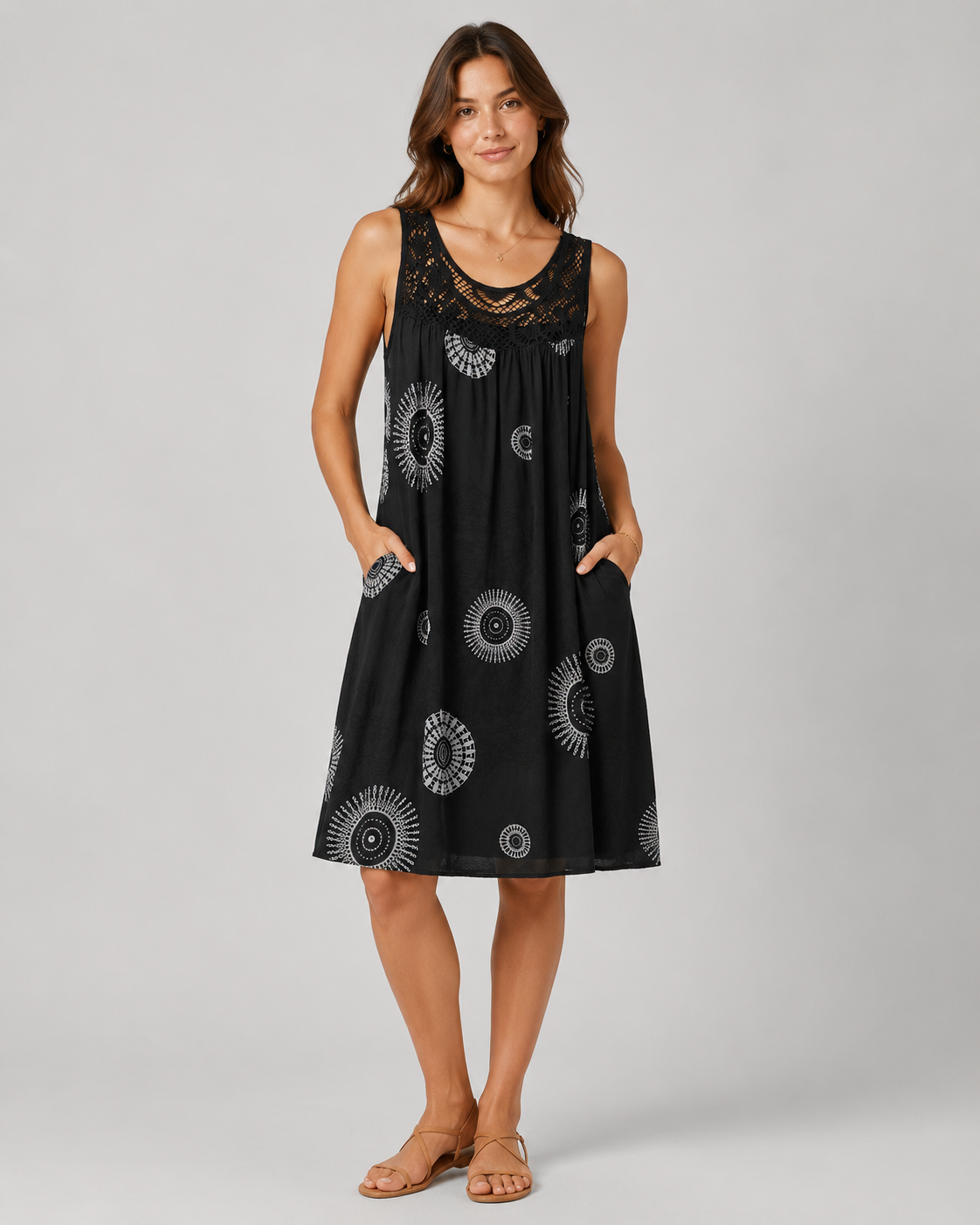 Elegant Geometric Lace Hem A-Line Dress