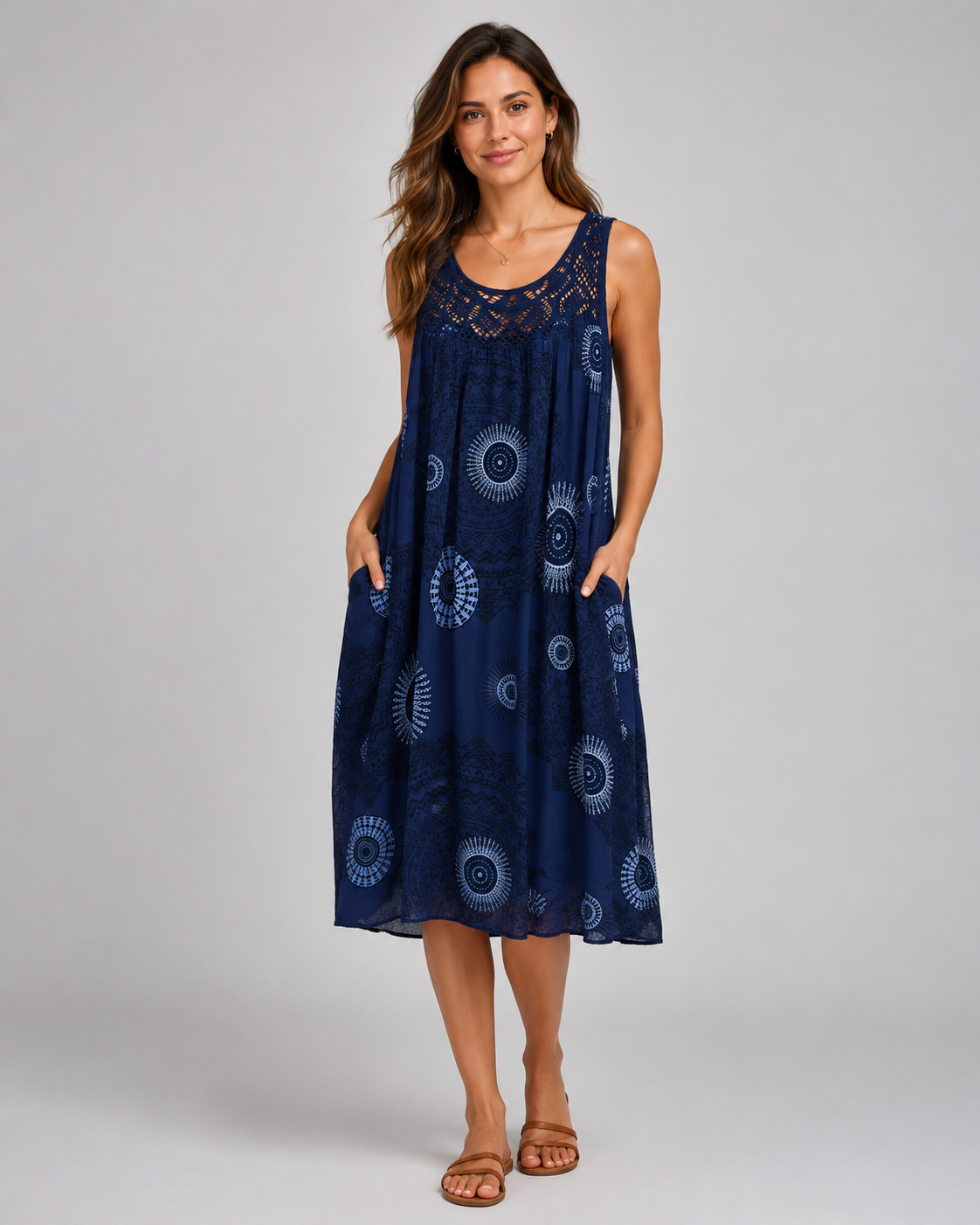Elegant Geometric Lace Hem A-Line Dress