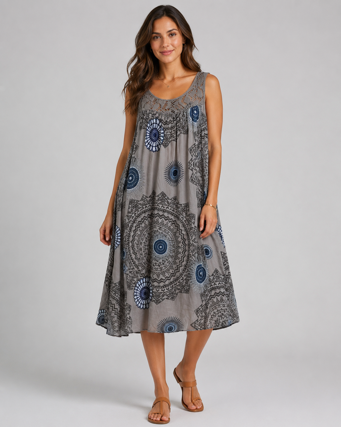 Elegant Geometric Lace Hem A-Line Dress