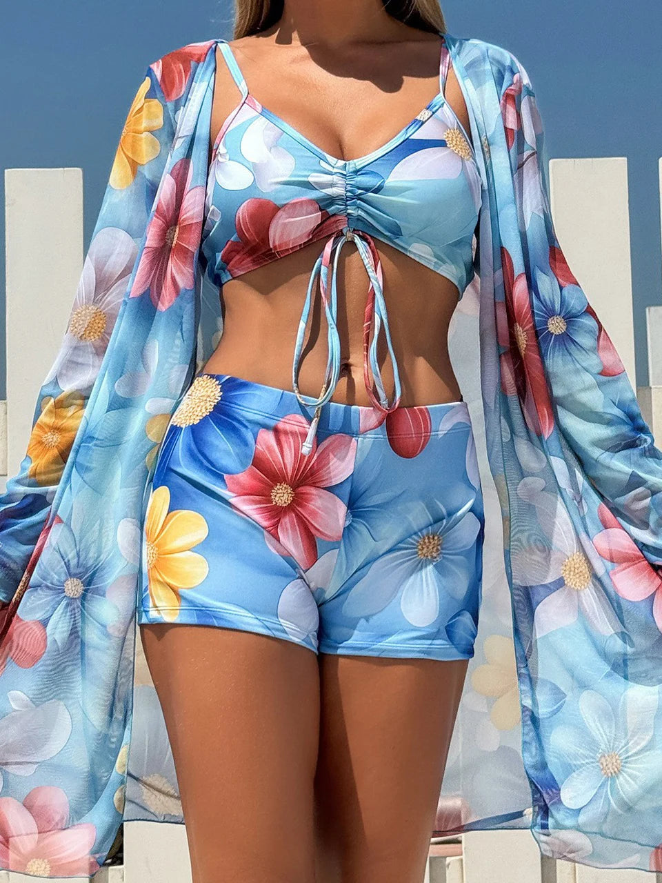 3-Piece Tropical High-Waisted Swimsuit Set