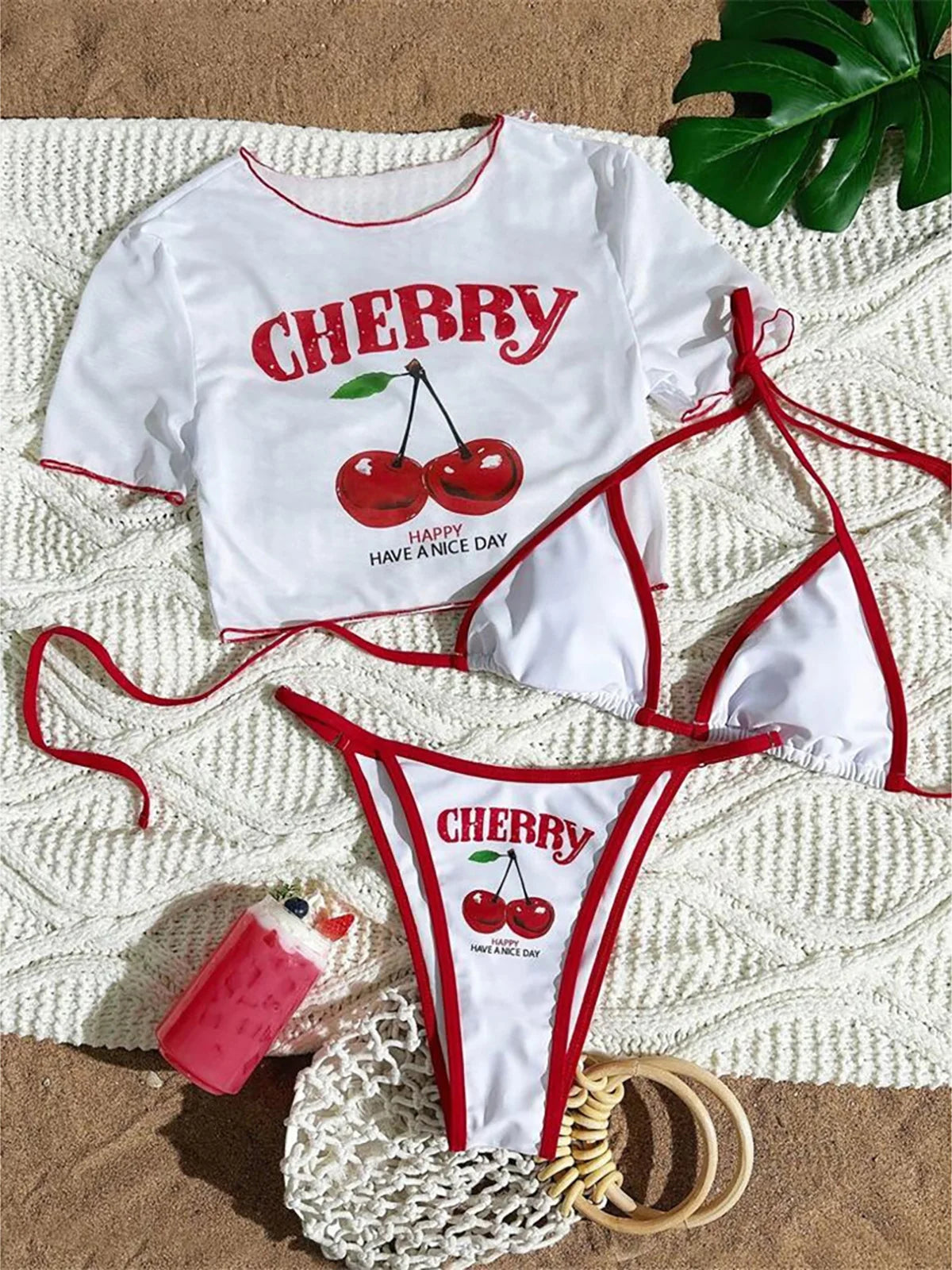 Triangle Top Cherry Printed Short Sleeve Three-Piece Bikini