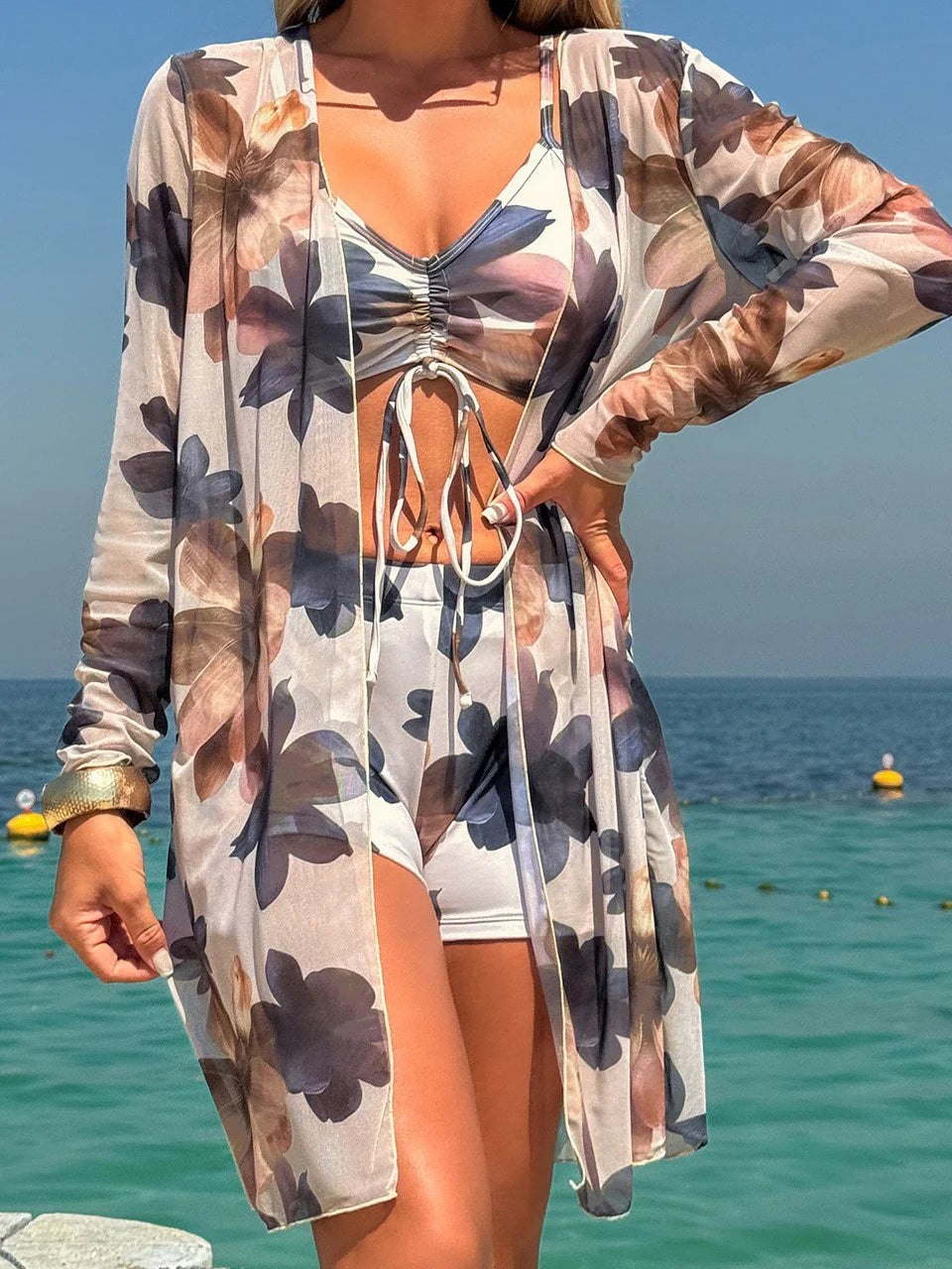 3-Piece Tropical High-Waisted Swimsuit Set